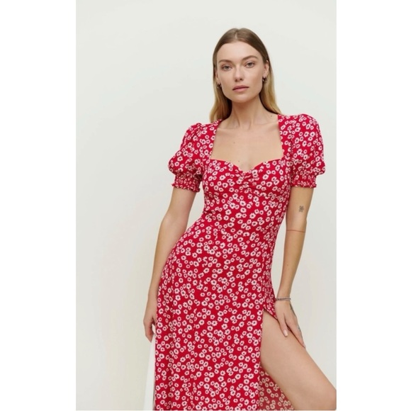 Reformation Lacey Smocked Sleeve Dress in Jenna Red Floral Size 4 - Picture 10 of 11